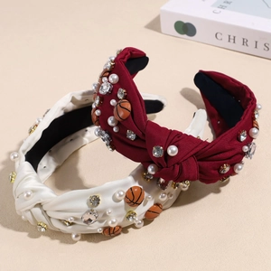 Modisches Stirnband mit Knoten Strassperlen und Basketball-Anhänger in Beige und Weinrot