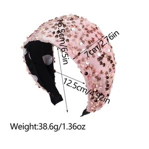 Détail des dimensions du serre-tête à paillettes or rose sur base en velours rose