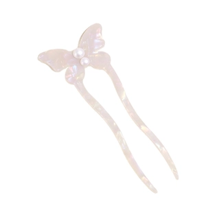 Elegant U-shaped acetate hair pin with iridescent butterfly and white pearl accents