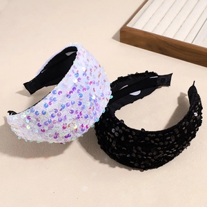 Serre-tête large élégant en velours avec paillettes disponible en noir et blanc