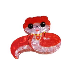 Cartoon red snake hair claw clip with pearlescent texture and gold coin pendant