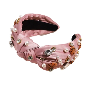 Rosa Satin-Knoten-Haarreif mit Perlen, Strasssteinen und Basketball-Perlen für Damen