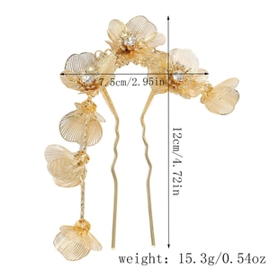 Detailed dimensions of the gold hollow flower hairpin with tassel and crystal inlay