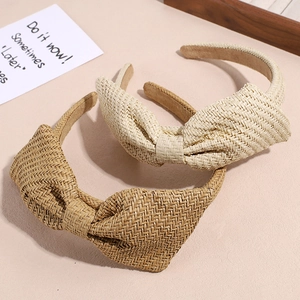 Raffia haarband met strik voor dames, geweven textuur en hoge knoopstijl haaraccessoire