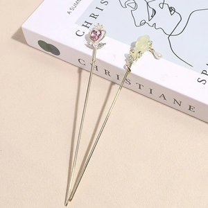 Elegant Chinese hair pins with pink crystal heart and green jade-style floral tassels