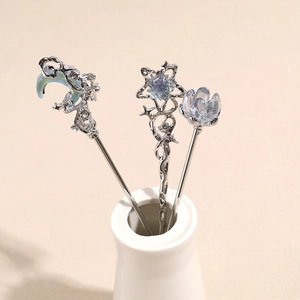 Elegant Ruyi hairpins with crescent moon, star, and lotus charms in silver and blue