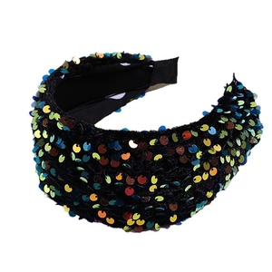Serre-tête large et élégant en velours pour femmes avec paillettes colorées sur base noire