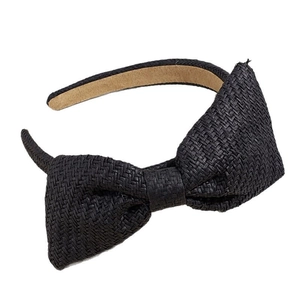 Elegante zwarte raffia stro haarband met strik voor dames en een geweven textuur