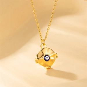 Collier Pendentif Mauvais Œil Bleu en Acier Inoxydable Plaqué Or 18K pour Femme Émail Français Bijoux Géométriques Cadeau