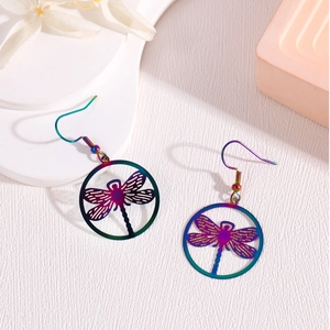 Irisierend Edelstahl Libelle Hohl Rund Hänger Ohrringe Für Damen Mode Regenbogen Farben Schmuck Musikfestival Geschenk