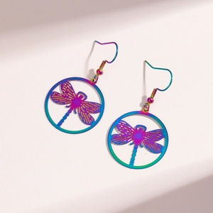 Regenbogenfarbene Edelstahl Libellen Ohrringe mit hohlem Silhouette Design