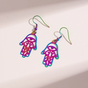 Rainbow hamsa hand earrings with evil eye hollow detail in stainless steel finish