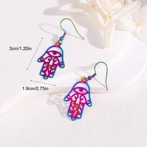 Rainbow plated stainless steel Hamsa Hand earrings with cutout evil eye patterns