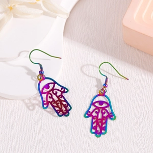 Stainless Steel Hamsa Hand Evil Eye Hollow Drop Earrings Rainbow Gradient Religious Jewelry Polished Hook Earrings For Women