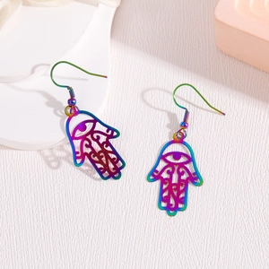 Rainbow hamsa hand drop earrings with evil eye in hollow stainless steel design