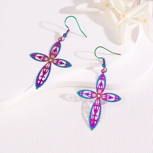 Boucles d'Oreilles Crochet Croix en Acier Inoxydable Punk Rock Arc-en-ciel Tendance Creux Dégradé Coloré pour Femme Bijoux