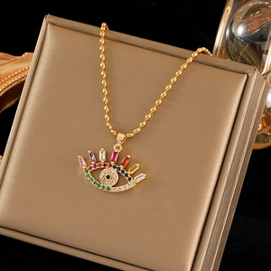 Fashionable evil eye necklace with colorful zircons on gold bead chain for women