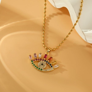 Colorful zircon evil eye pendant necklace with gold beaded chain for women on stone decor