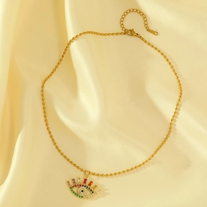 Golden evil eye necklace with colorful zircons and stainless steel ball chain jewelry