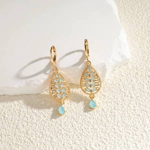 Bohemian 18K Gold Plated Copper Leaf Drop Earrings Zirconia Inlaid Hollow Leaf Dangle Earrings For Women Vintage Jewelry Gift