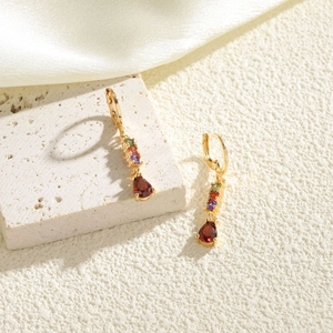 Golden earrings with colorful zircon chain and pear-shaped red gemstone pendant charm