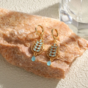 Bohemian 18k gold plated leaf drop earrings with blue marquise stones and tassels