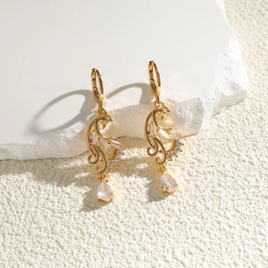 Boucles d'Oreilles Pendantes Luxueuses en Cuivre Motif Paon Phénix Plaqué Or Zirconia Goutte d'Eau Incrustée Vintage Bijoux