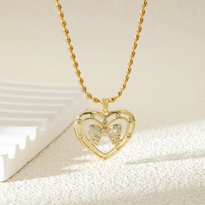 Moda Collar de Colgante de Corazón de Acero Inoxidable Con Lazo Circón Incrustado Cadena de Bolas Chapado en Oro Joyería Para Mujer