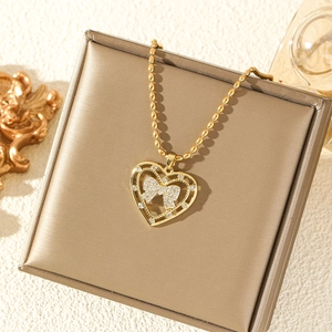 Collar de corazón dorado con colgante de lazo de circonita y cadena de bolas, joyería
