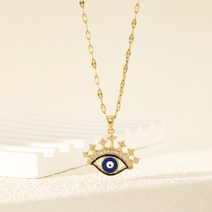 Bohemian gold devil eye pendant necklace with blue zircon and sparkling crystals