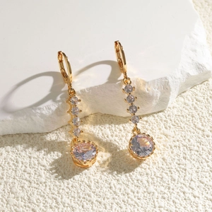 Boucles d'Oreilles Pendantes en Cuivre et Zirconia Mode Européenne Élégantes Boucles d'Oreilles Géométriques Rondes Incrustées de Zirconia pour Femme Bijoux de Fête