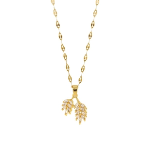 French style gold wheat pendant necklace with zircon crystals and oval chain links