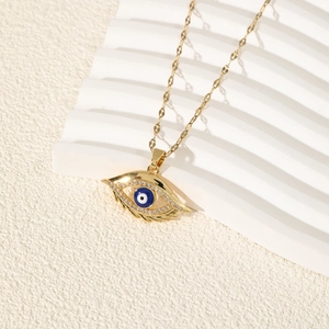 Titanium steel evil eye necklace with blue zircon pendant on a gold dainty chain