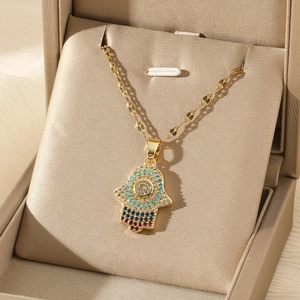 Stainless Steel Hamsa Hand Evil Eye Pendant Necklace For Women Zirconia Inlaid Gold Plated Lip Chain Adjustable Jewelry Gift