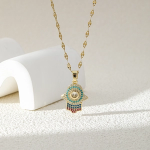 Titanium steel Hamsa Hand necklace with colorful cubic zirconia and evil eye pendant
