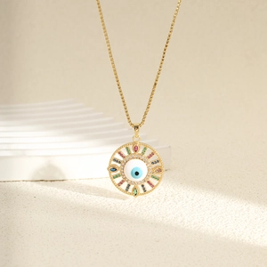 Bohemian evil eye pendant necklace with colorful zircons and a gold chain for women