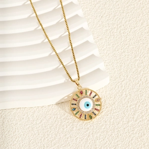 Bohemian evil eye pendant necklace with colorful zircon stones on a gold chain