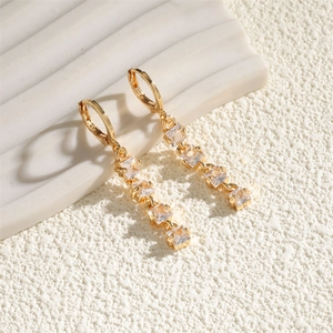 Elegant gold-plated drop earrings featuring square zircon crystals on a white stone base