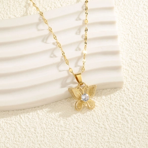 Elegant 18k gold plated stainless steel bow necklace with frosted butterfly pendant and zircon