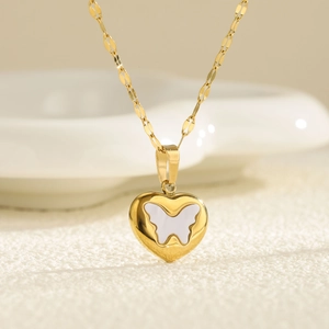 18K gold plated stainless steel heart necklace with white butterfly shell pendant charm