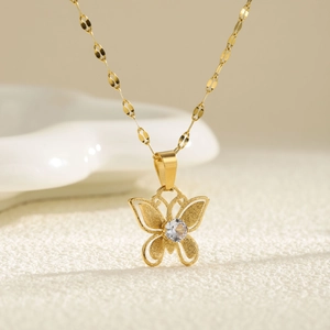 18k gold plated butterfly pendant necklace with matte texture and sparkling zircon