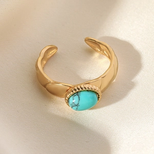 Vintage Boho Ovaler Künstlicher Türkis Offener Ring Für Damen Edelstahl Vergoldet Verstellbar Gehämmert Schmuck