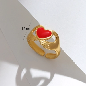 Gold open ring with hands holding a red heart drip oil pendant, 12mm size detail