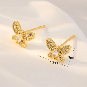 Elegant gold-plated butterfly stud earrings with white zircon stones measuring 10x7mm
