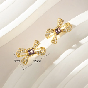 Boucles d'oreilles nœud en zircon avec pierre violette et plaquage or, largeur 15mm