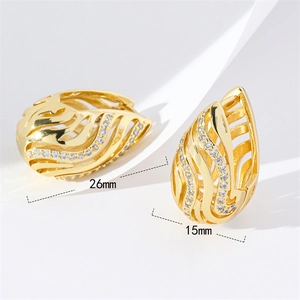 Elegant gold hollow teardrop earrings with crystals, 26mm by 15mm dimensions
