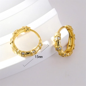18K gold plated hoop earrings with bamboo texture and sparkling zircons 15mm size