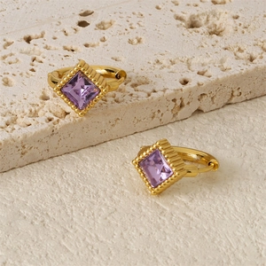 Vintage Luxury Stainless Steel Purple Square Zircon Huggie Earrings With Silver Post Gold Geometric Jewelry For Women