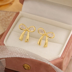 Boucles d'oreilles Clous Nœud Élégantes Avec Incrustation de Zircone Cuivre Plaqué Or Boucle de Ruban Bijoux Pour Femmes