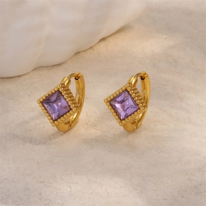 Golden stainless steel rhombus hoop earrings with square purple zircon and beaded border